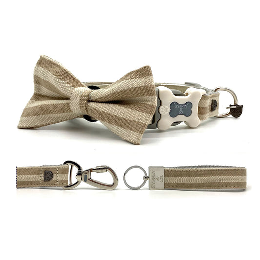 Camel Stripe Herringbone Premium Collar, Leash & Bowtie Set