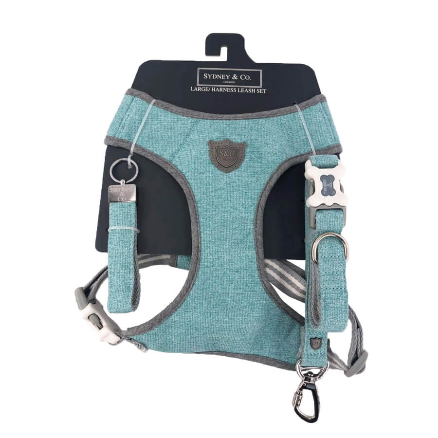 Aqua Herringbone Premium Dog Harness, Leash & Keyring Set