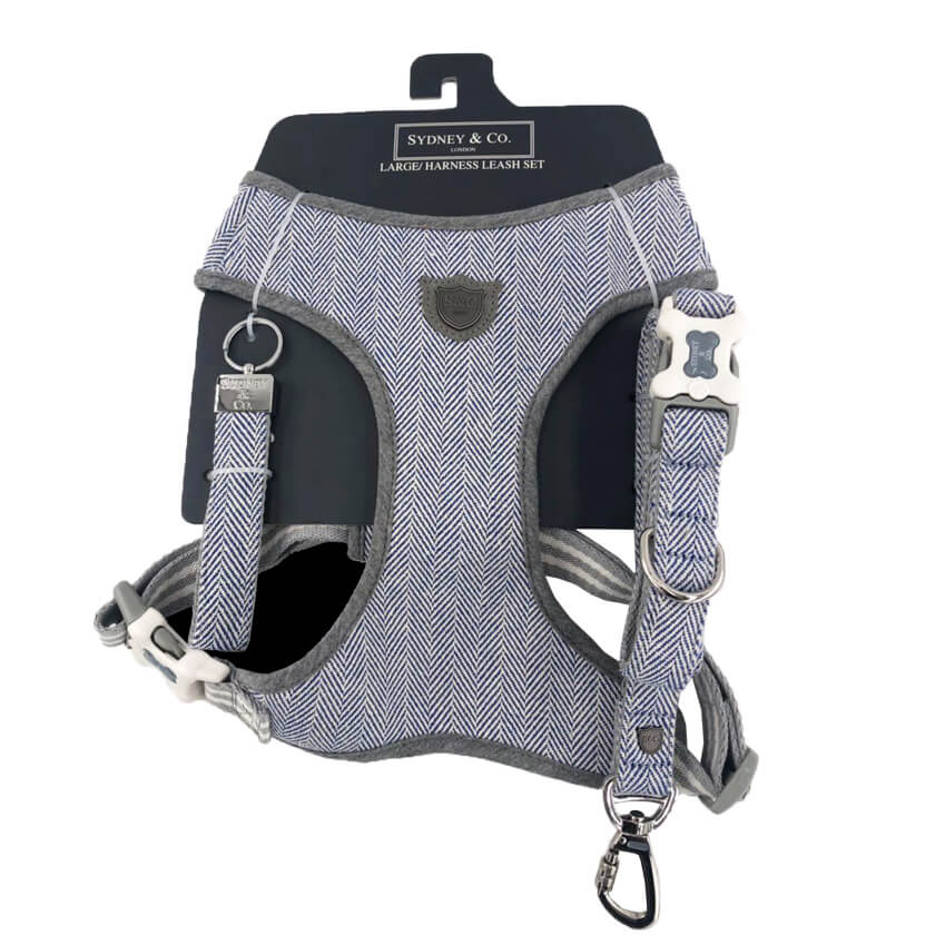 Navy Herringbone Premium Dog Harness, Leash & Keyring Set