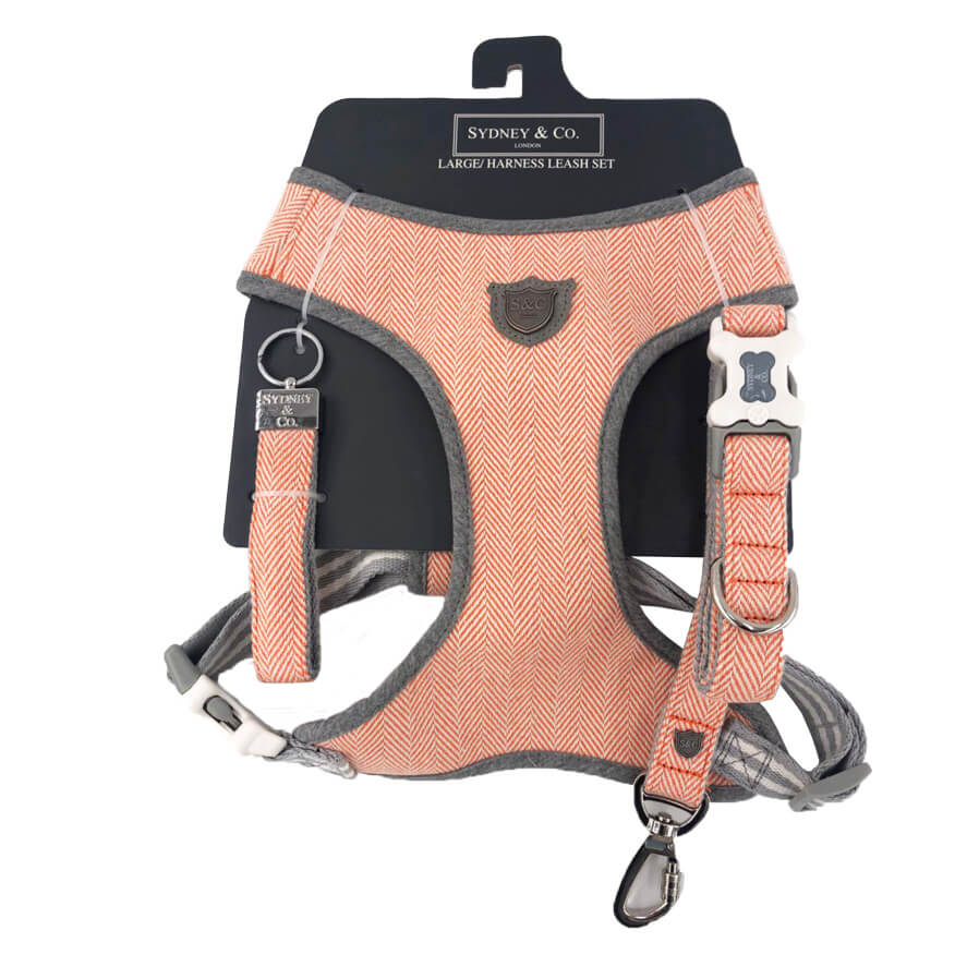 Orange Herringbone Premium Dog Harness, Leash & Keyring Set