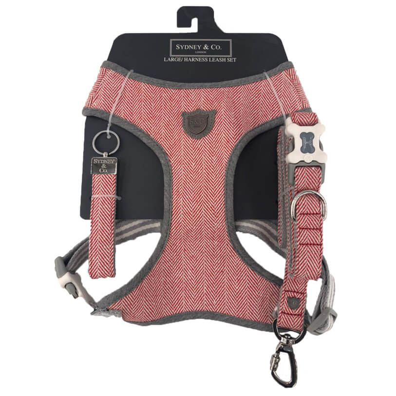 Red Herringbone Premium Dog Harness, Leash & Keyring Set