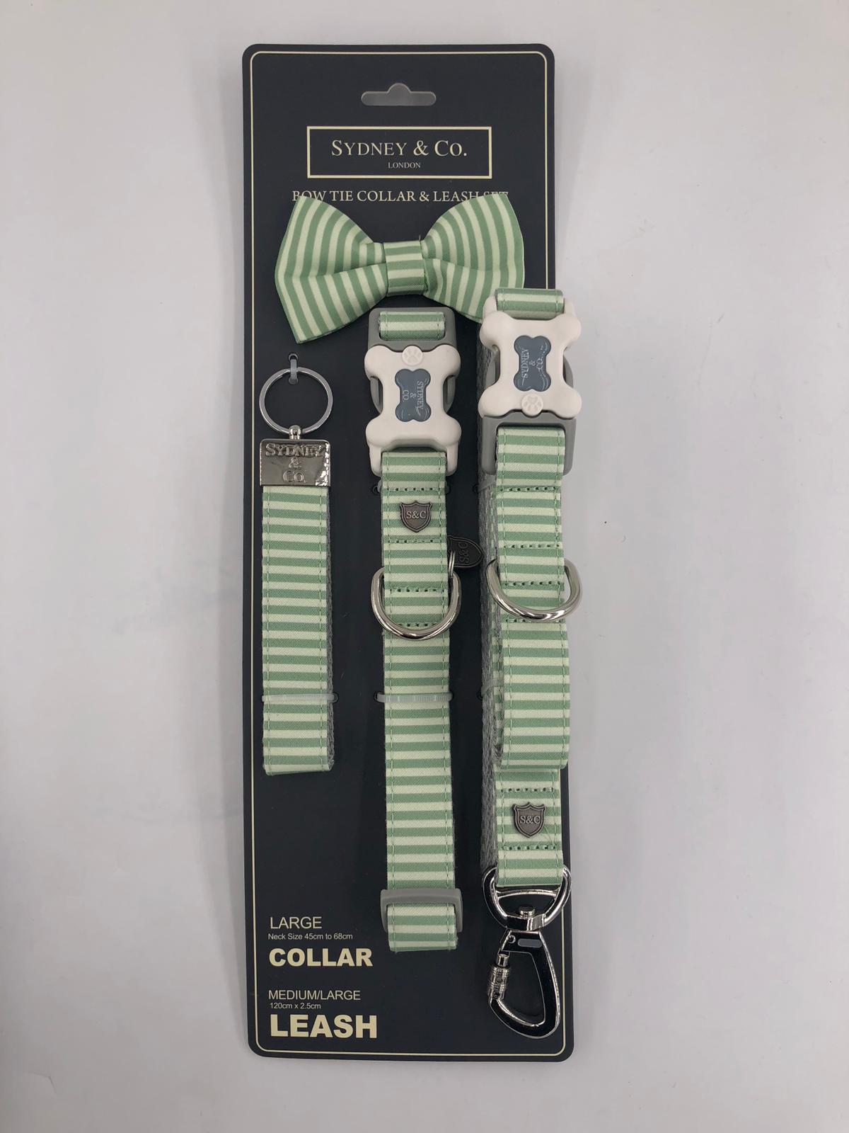 Mint Stripe Designer Collar, Leash & Bowtie Set