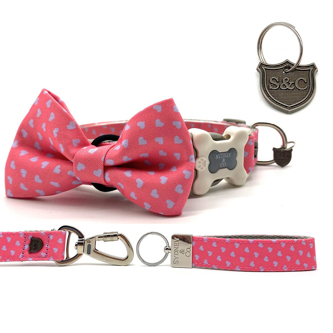 Pink with Pale Blue Hearts Designer Collar, Leash & Bowtie Set