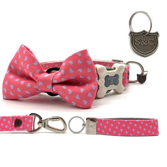 Pink with Pale Blue Hearts Designer Collar, Leash & Bowtie Set