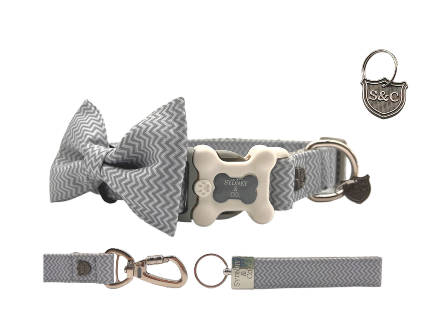 Silver Chevron Stripe Designer Collar, Leash & Bowtie Set