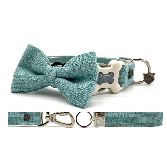 Aqua Herringbone Premium Collar, Leash & Bowtie Set