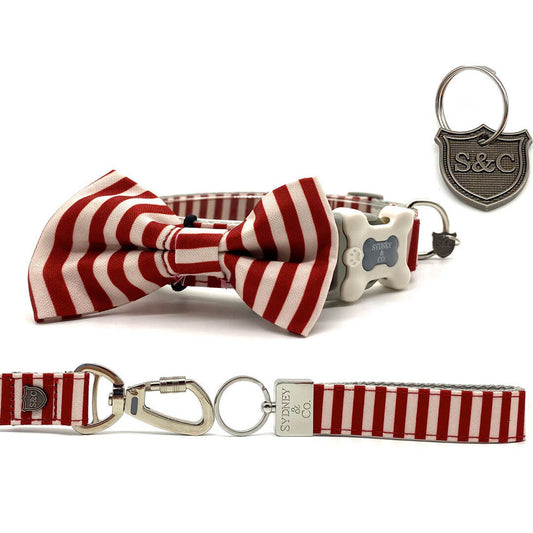 Cherry Stripe Designer Collar, Leash & Bowtie Set