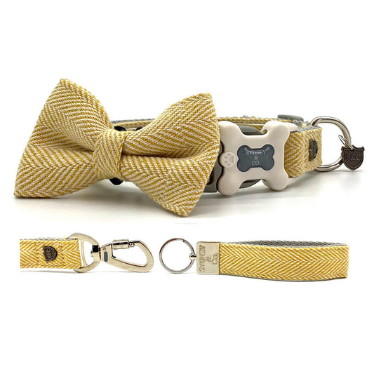 Gold Herringbone Premium Collar, Leash & Bowtie Set