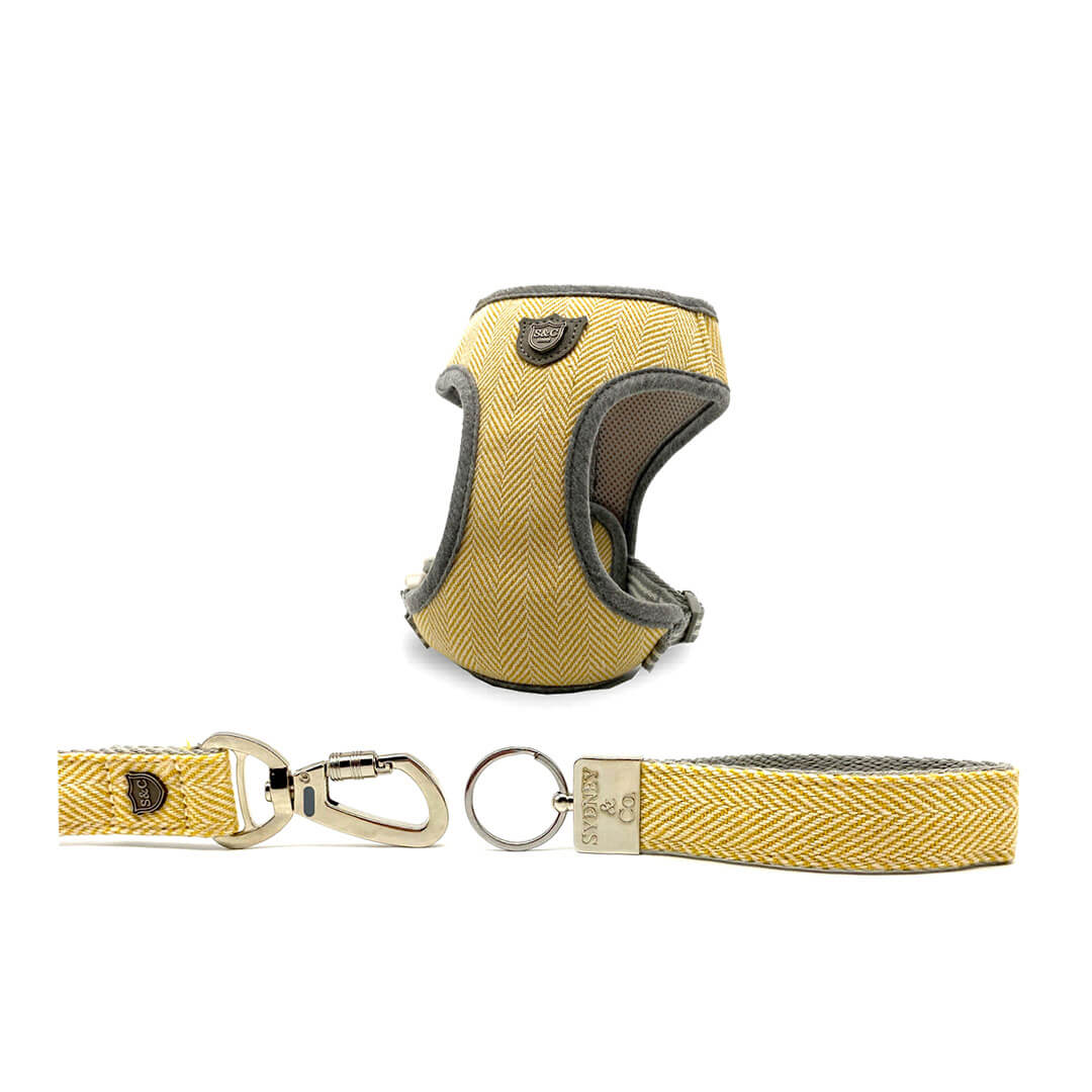 Gold Herringbone Premium Dog Harness, Leash & Keyring Set