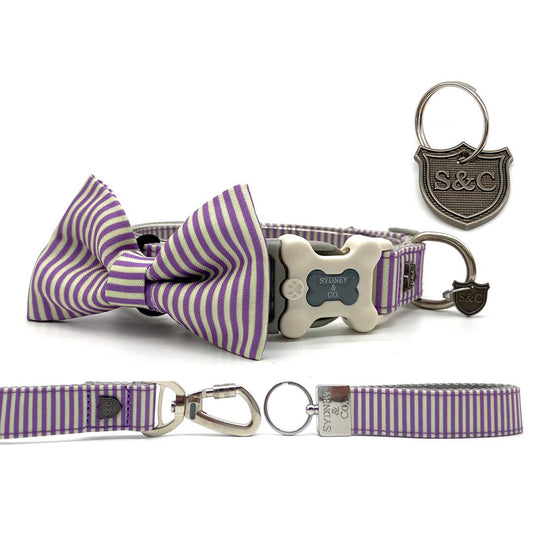 Lavender Stripe Designer Collar, Leash & Bowtie Set
