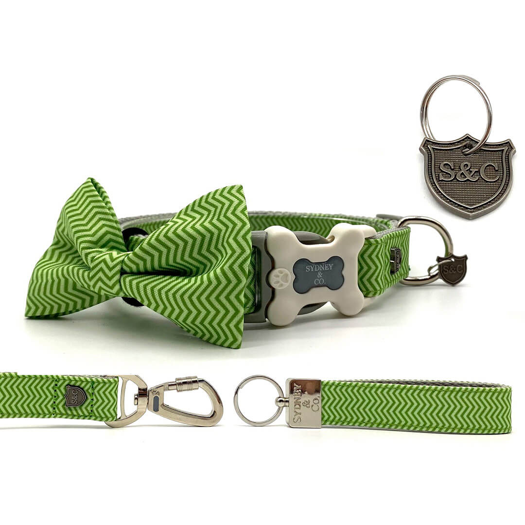 Lime Chevron Stripe Designer Collar, Leash & Bowtie Set