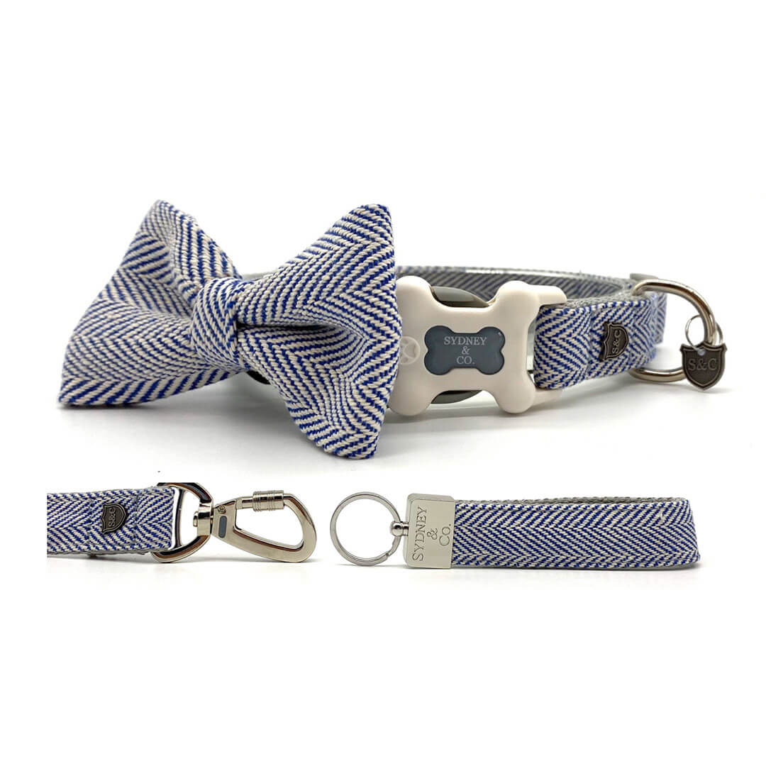 Navy Herringbone Premium Collar, Leash & Bowtie Set