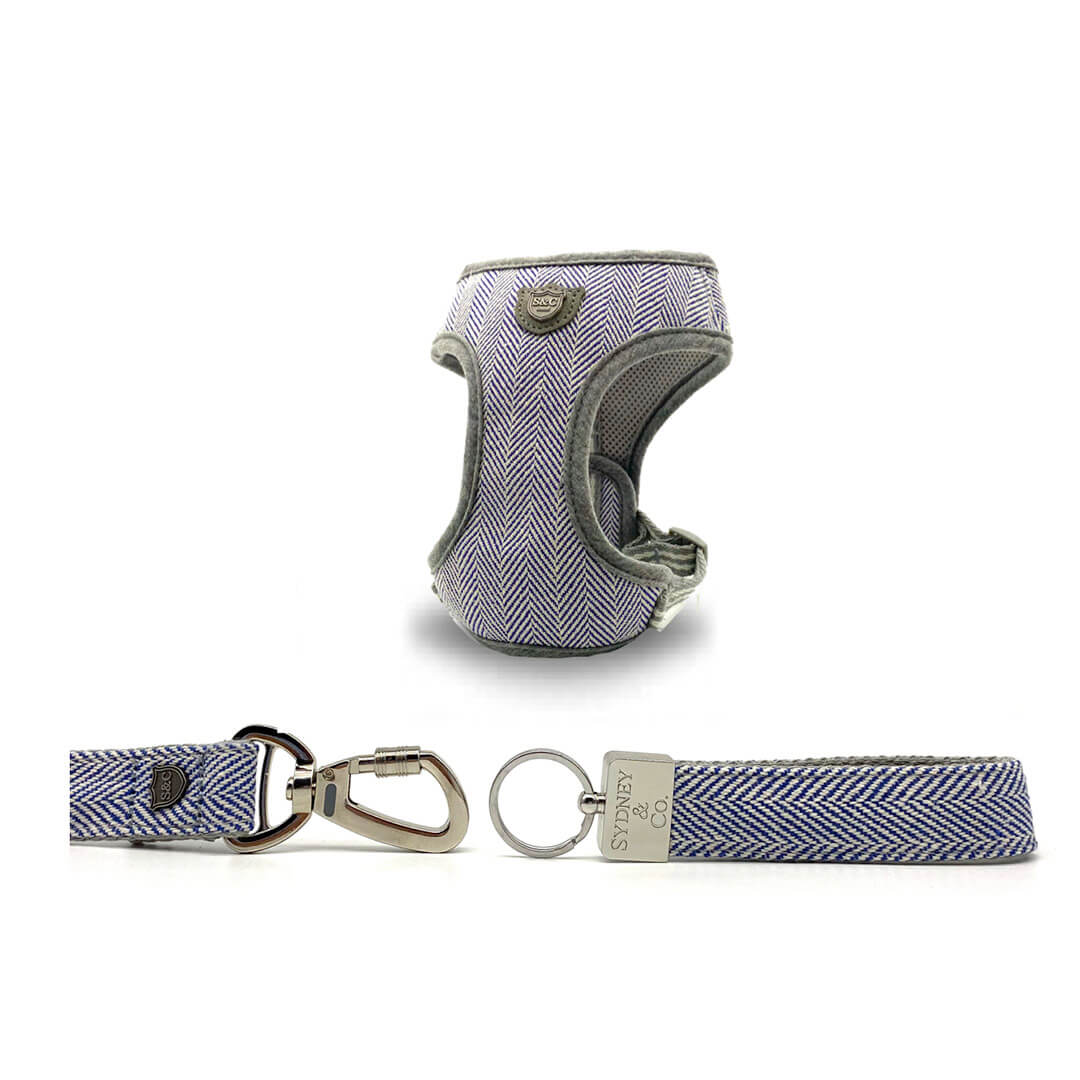 Navy Herringbone Premium Dog Harness, Leash & Keyring Set