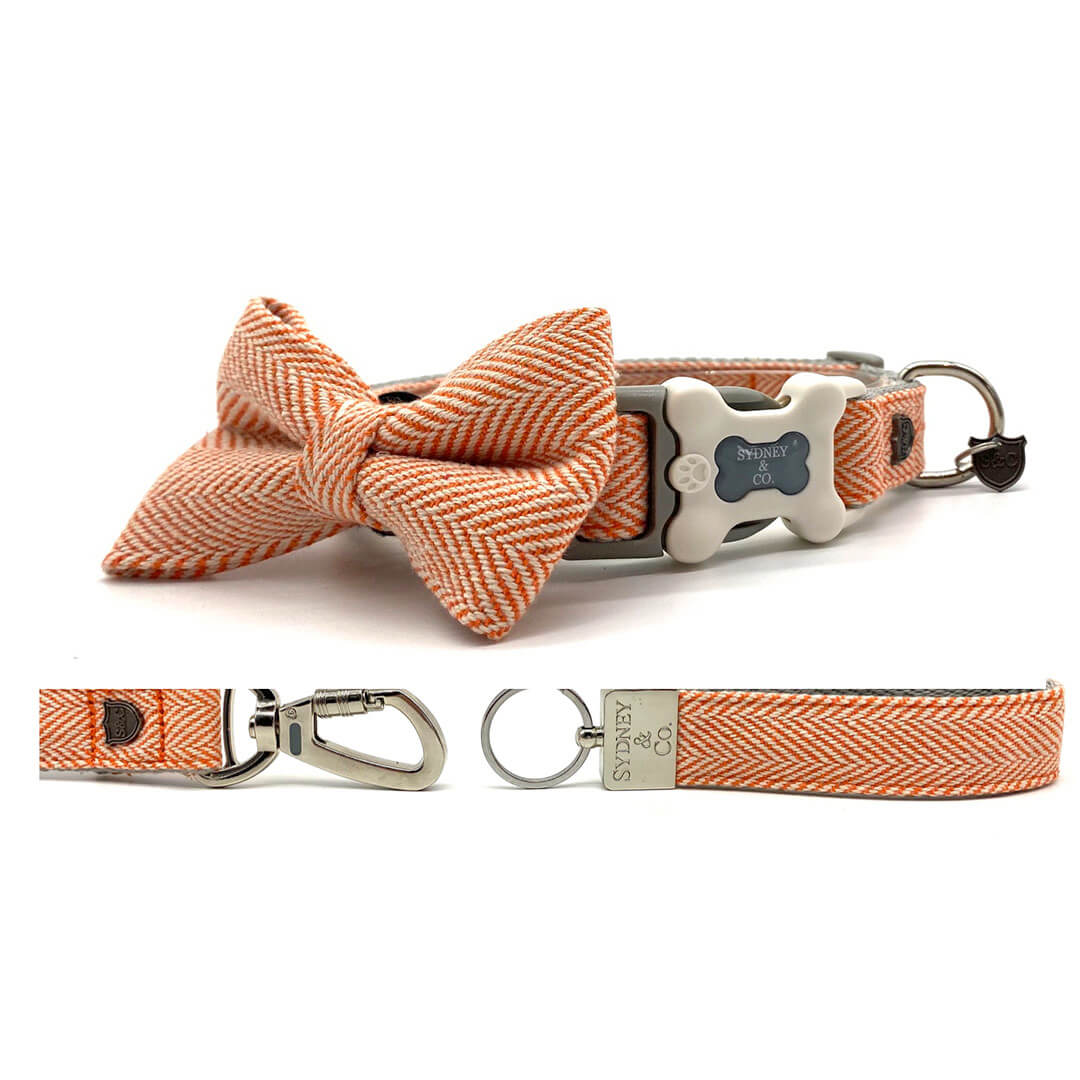 Orange Herringbone Premium Collar, Leash & Bowtie Set