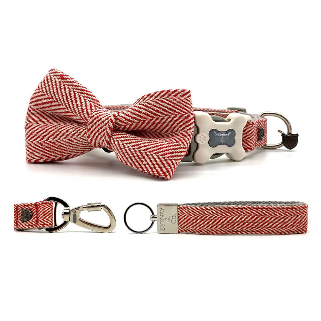 Red Herringbone Premium Collar, Leash & Bowtie Set