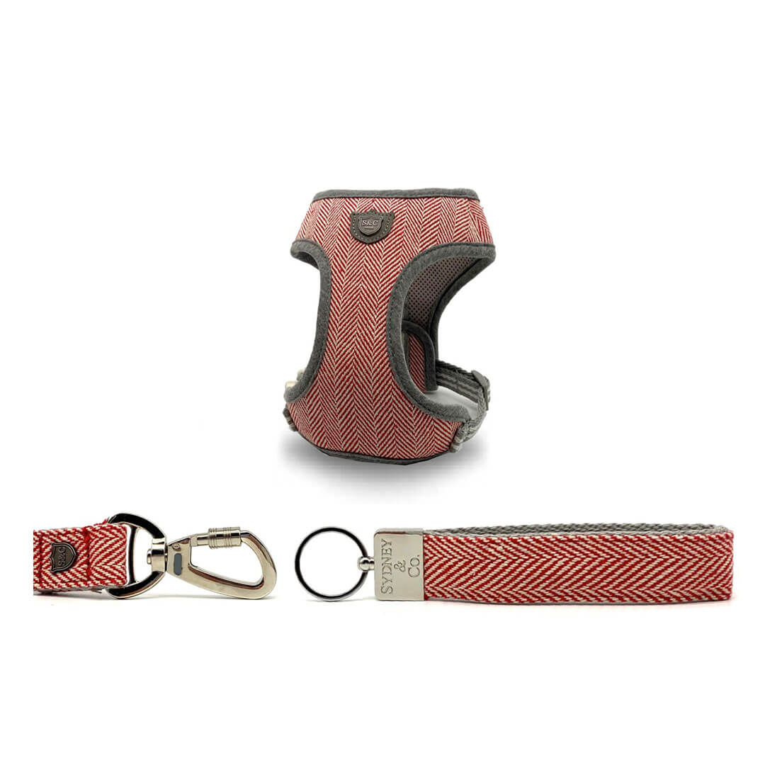 Red Herringbone Premium Dog Harness, Leash & Keyring Set
