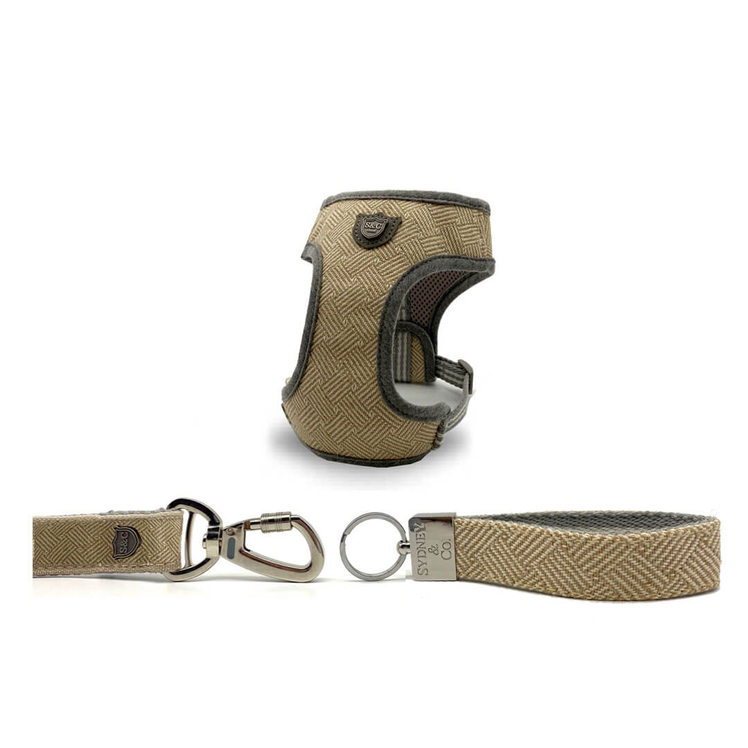 Taupe Herringbone Premium Dog Harness, Leash & Keyring Set